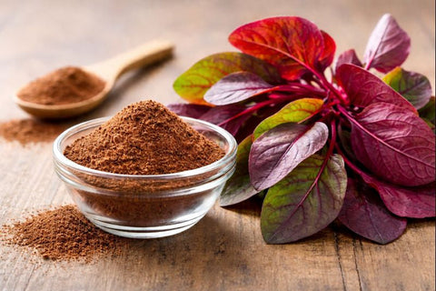 red spinach powder and leaves